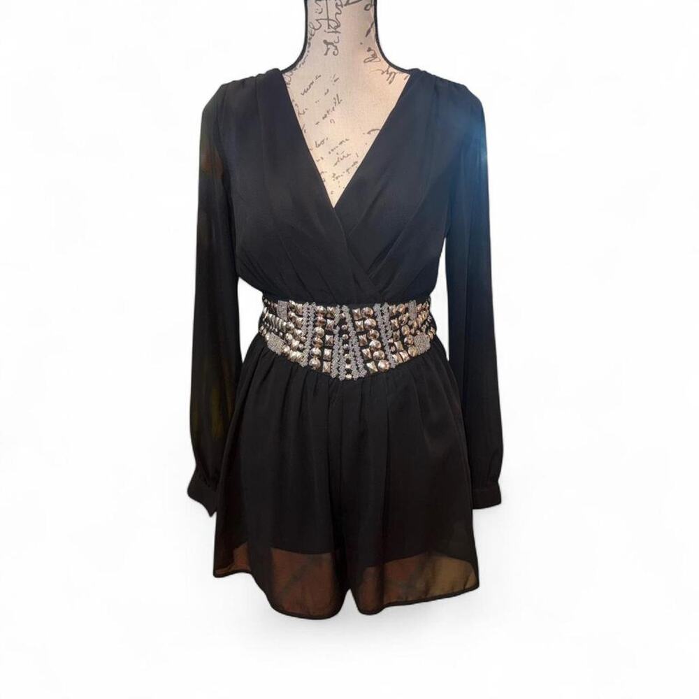 Lac Bleu Sheer Black Beaded Mini Romper Silver Belt Open Back Whimsigoth Y2K S